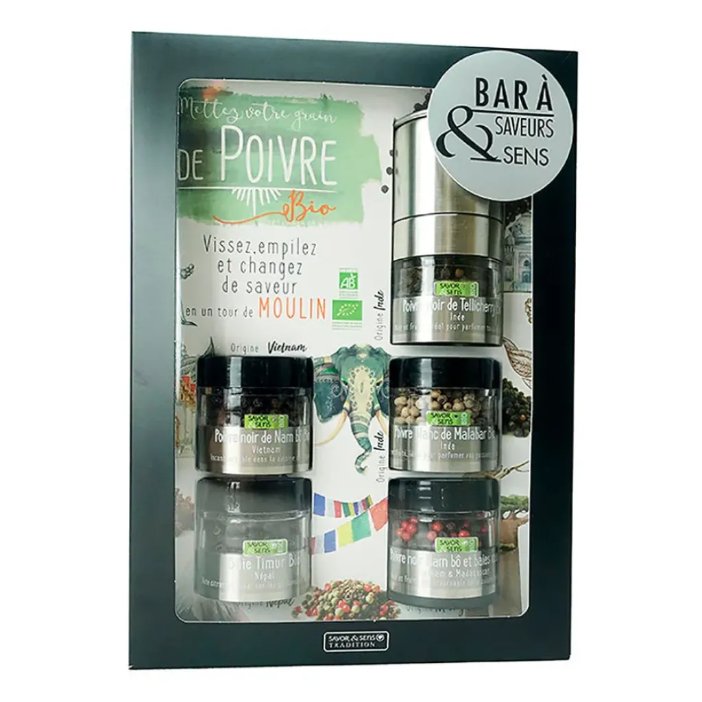 Fabrique de Styles Bar à poivres bio avec moulin intégré - 5 poivres* Condiments Et Épices