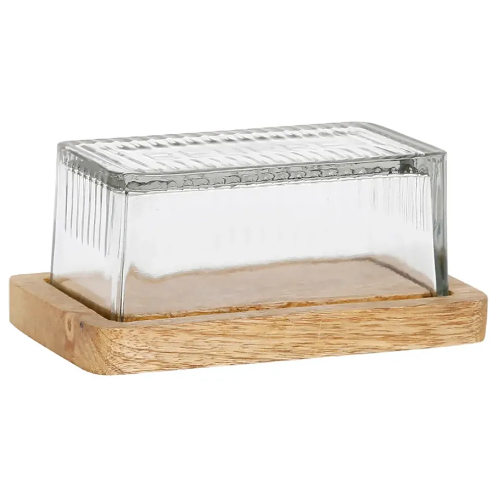 Fabrique de Styles Beurrier en verre et manguier - grand office* Accessoires De Table
