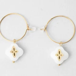 Fabrique de Styles Créoles x2 trefle doré+blanc h35mm acier inoxydable+jade* Bijoux Fantaisie