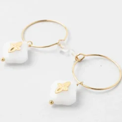 Fabrique de Styles Créoles x2 trefle doré+blanc h35mm acier inoxydable+jade* Bijoux Fantaisie