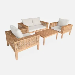 Fabrique de Styles Salon de jardin 4 places en cannage et acacia brossé et coussins beige - Olinda*Enfant Salons De Jardin|Jardin