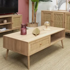 Fabrique de Styles Table basse avec tiroir en bois et cannage L110cm - Baia* Table Basses