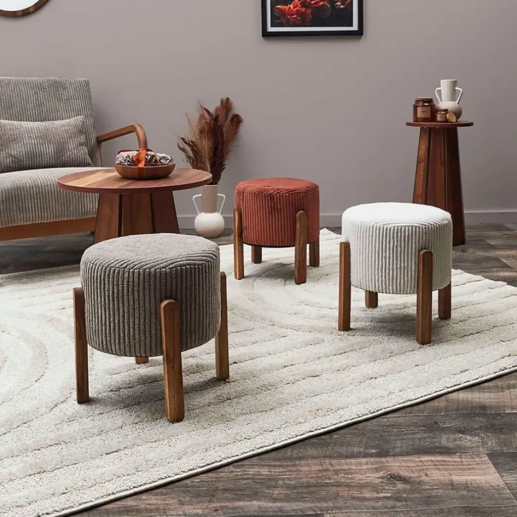 Fabrique de Styles Tabouret en tissu côtelé beige et bois d'acacia - Scarlett* Poufs Et Tabourets